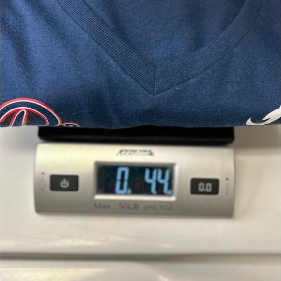 Majestic Athletic Navy Braves Country MLB V Neck T-Shirt Womens L 100% Cotton - Picture 9 of 9